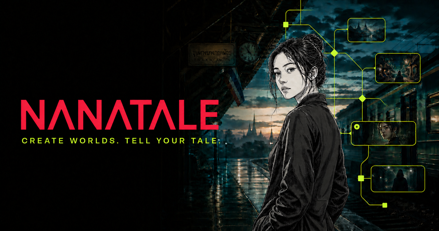 NANATALE Stories You Can Play ตัวละครหญิงลายเส้นมังงะบนชานชาลารถไฟและแผนผังเรื่องแบบโต้ตอบ