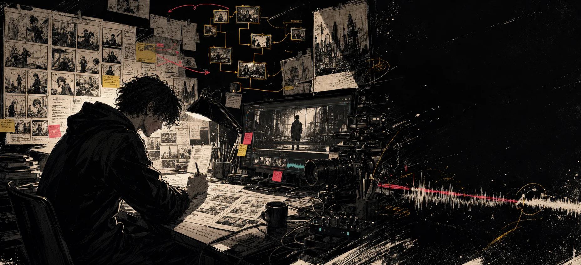 A network of storyboards, branching graphs, and film frames for interactive storytellers