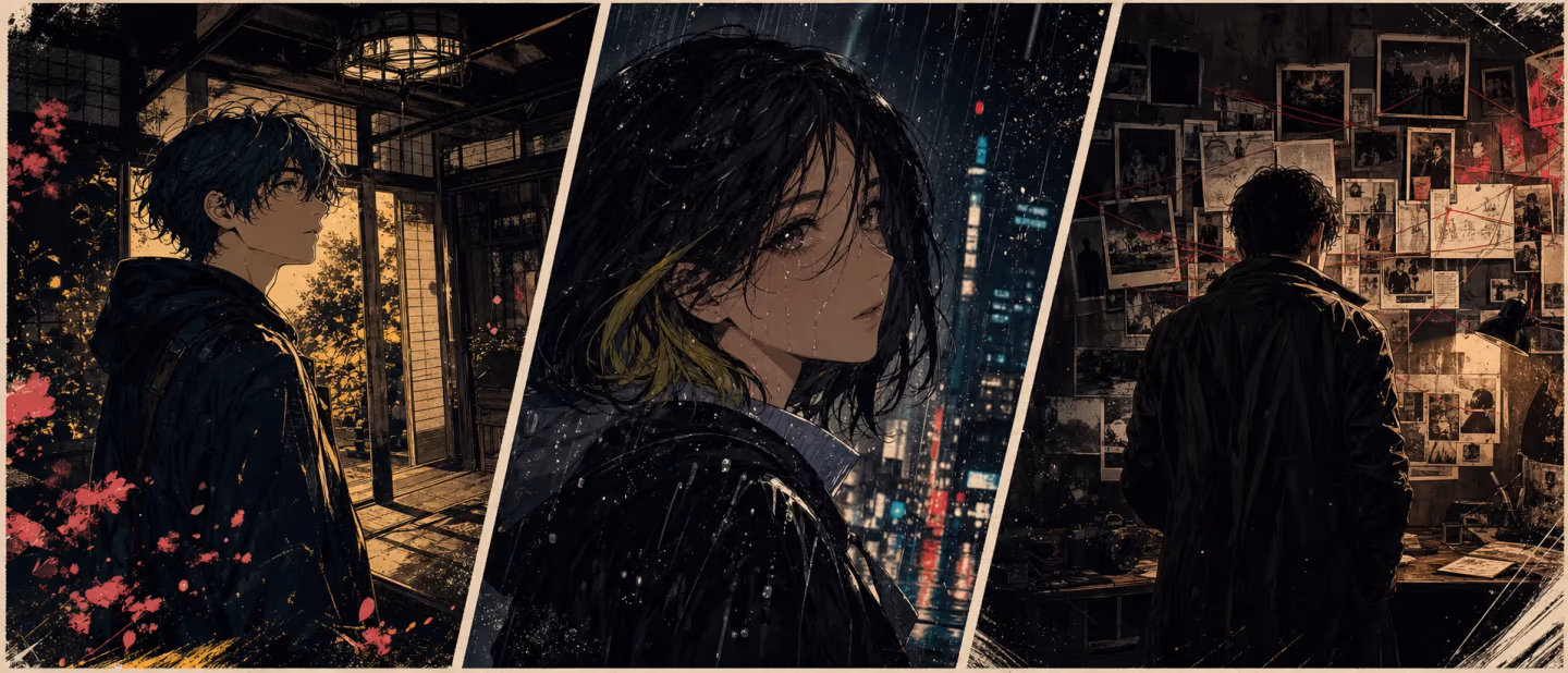 A reader facing three illuminated story worlds in a cinematic city